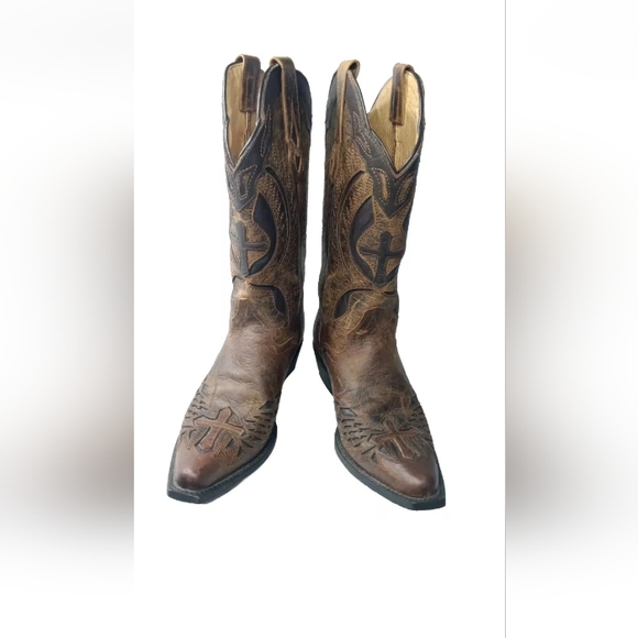 J.B. Dillon Leather Winged Cross Embroidered Cut Out Boots  Size 7 B Brown - Picture 4 of 15